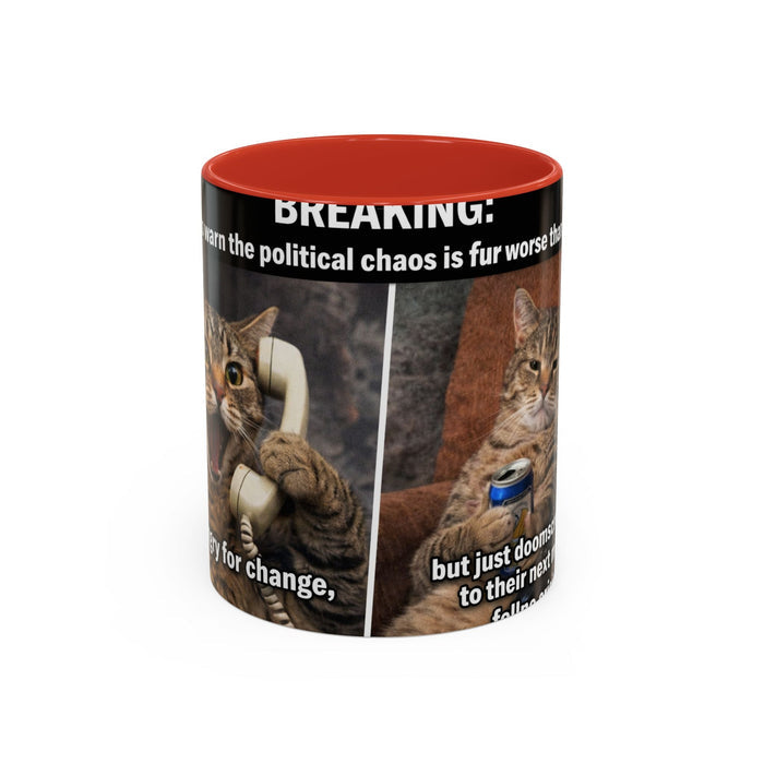 Coffee Mug - Funny Cat ‘Breaking: Politics Are Just Déjà Vu’ Meme Accent Mug (11/15oz) - FloofChonk