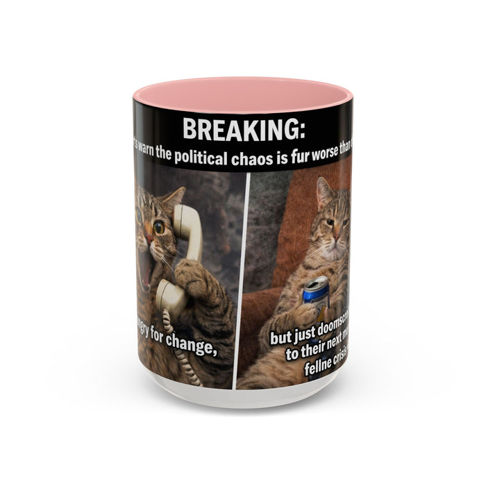 Coffee Mug - Funny Cat ‘Breaking: Politics Are Just Déjà Vu’ Meme Accent Mug (11/15oz) - FloofChonk