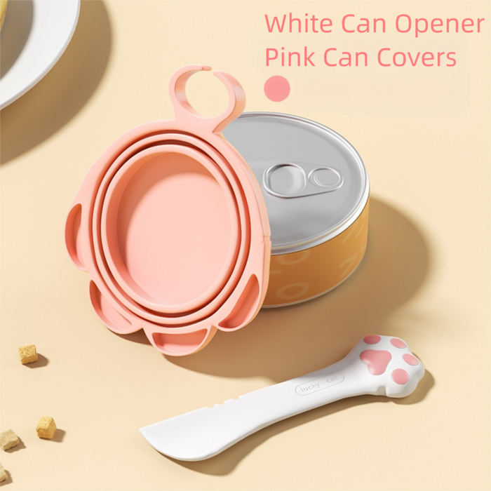 Couvercles et cuillères pour aliments pour chiens et chats, ouvre-boîte avec couvercle - Blanc
