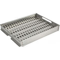 Stainless steel grill basket with perforated surface and side handles for outdoor cooking