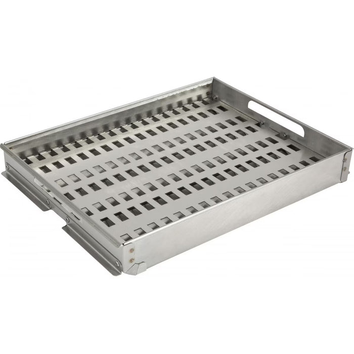 Stainless steel grill basket with perforated surface and side handles for outdoor cooking