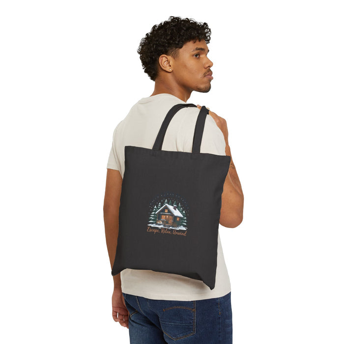 Cozy Cabin Retreat Tote, mountain silhouette design | cozy lodge aesthetic - FloofChonk