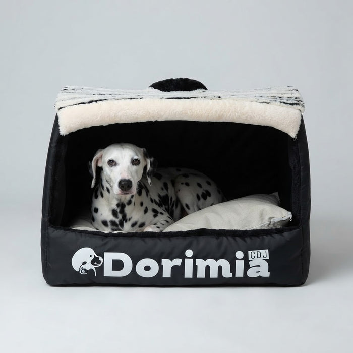 Front view of black enclosed dog house bed with Dalmatian