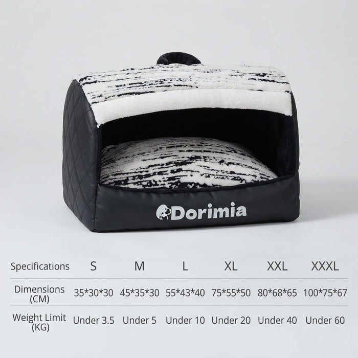 Enclosed dog bed size chart from S to XXXL with dimensions and weight limits