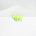 Dan Lam - 'Mini #50' by Dan Lam: a white envelope topped with a vibrant, neon yellow-green resin sculpture featuring fuzzy, textured spikes, set against a plain white background.