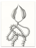 Devra Fox - "SPINAL CONNECTION #1" print: A black and white limited edition art print featuring two intertwined, segmented, spine-like forms with an abstract petal shape at their convergence on a white background.