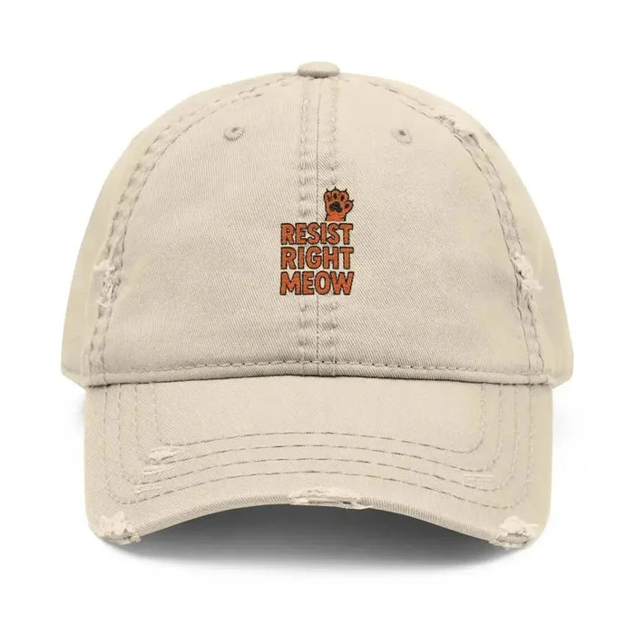Distressed Dad Hat with 'Resist Right Meow' Embroidery - FloofChonk