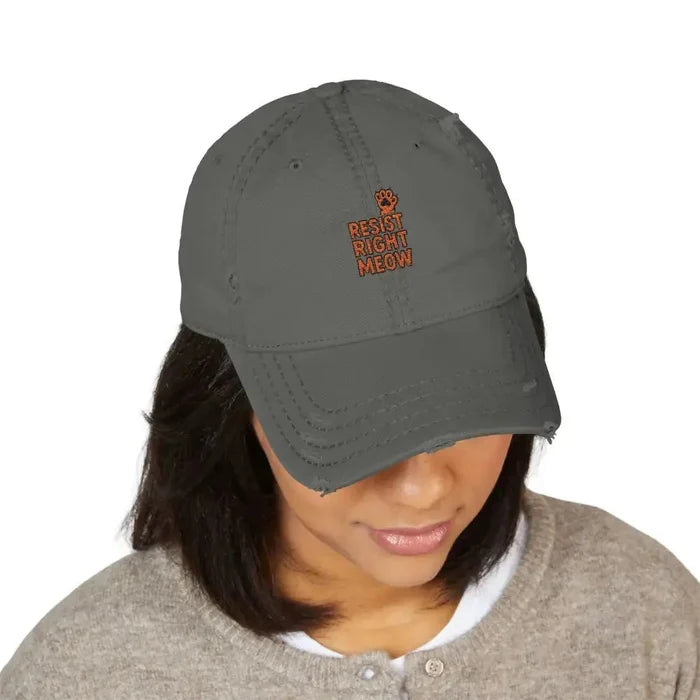 Distressed Dad Hat with 'Resist Right Meow' Embroidery - FloofChonk