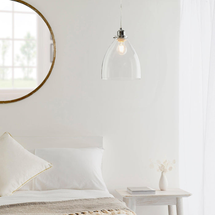 Elstow Glass & Chrome Easy Fit Ceiling Lamp Shade - above a bed in a bedroom