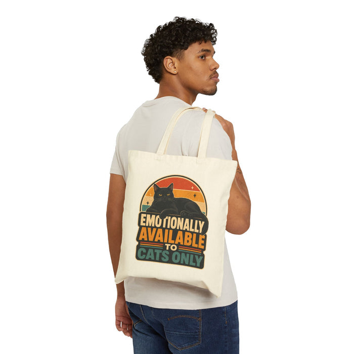 Emotionally Available to Cats Only Canvas Tote Bag — Funny Cat Lover Market Bag - FloofChonk