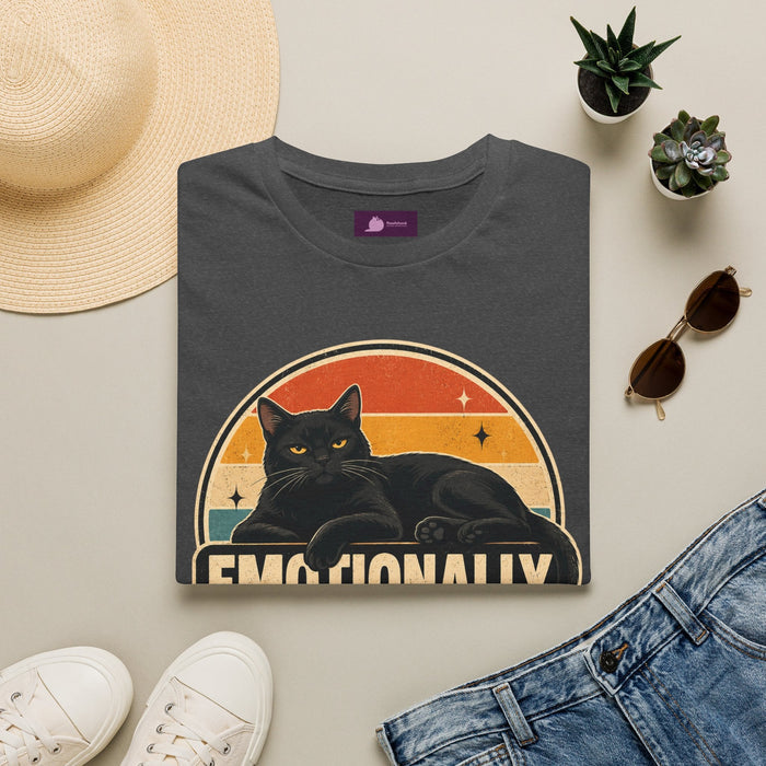 Emotionally Available to Cats Only T-Shirt — Retro Black Cat Graphic Tee - FloofChonk