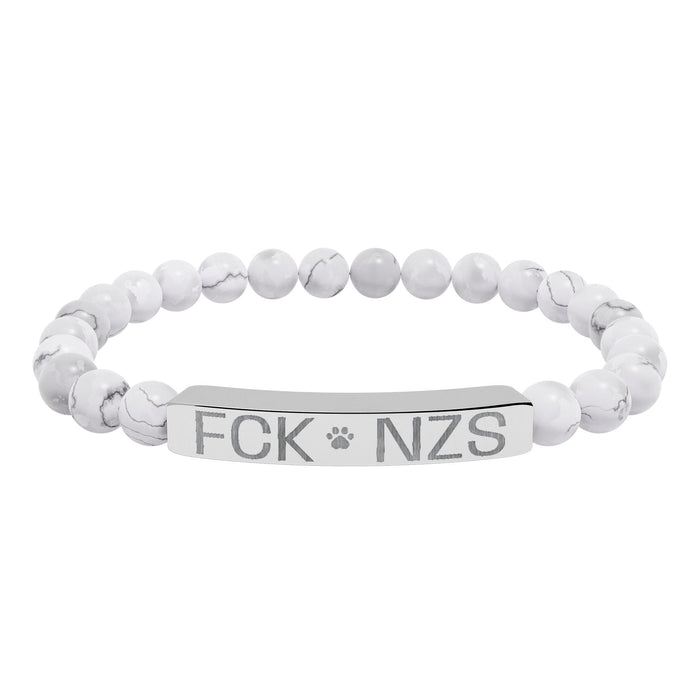 Engraved Natural Stone Stretch Bracelet — Custom Bar Bead Bracelet (e.g., "FCK NZS") - FloofChonk