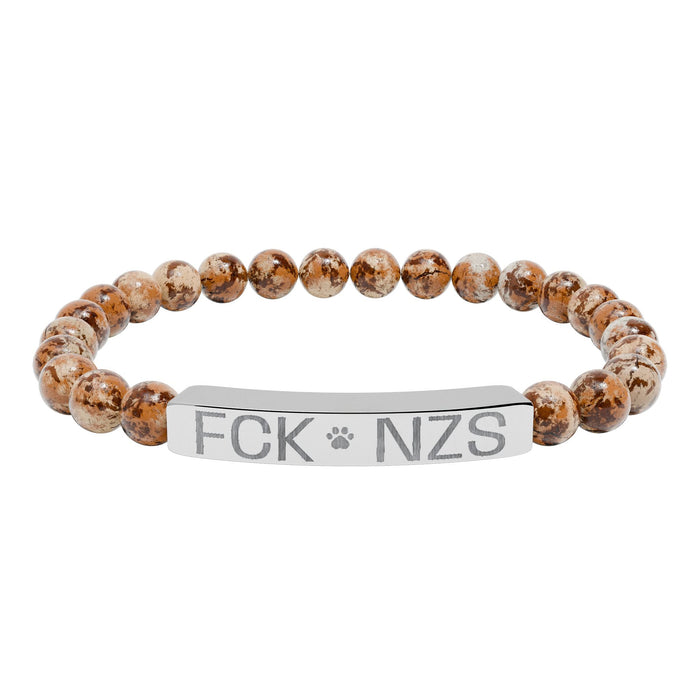 Engraved Natural Stone Stretch Bracelet — Custom Bar Bead Bracelet (e.g., "FCK NZS") - FloofChonk