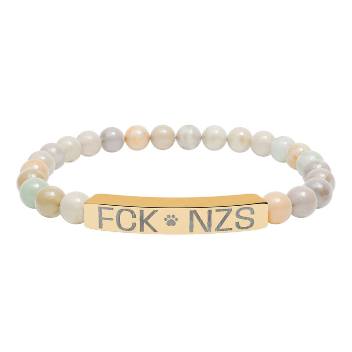 Engraved Natural Stone Stretch Bracelet — Custom Bar Bead Bracelet (e.g., "FCK NZS") - FloofChonk