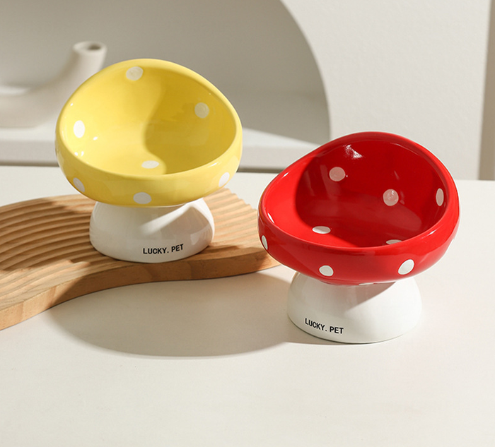 Ensemble de bols en céramique pour animaux de compagnie en forme de champignons (rouge et jaune)