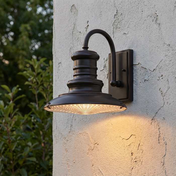 Bronze Feiss Redding Station outdoor wall light with a prismatic lens glowing on a white textured wall.