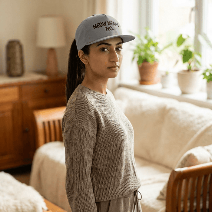 Flat Bill Cap — "Meow Means No." Embroidered Cat Attitude Snapback - FloofChonk