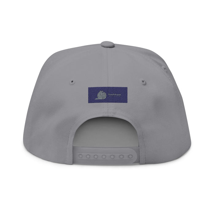 Flat Bill Cap — "Meow Means No." Embroidered Cat Attitude Snapback - FloofChonk