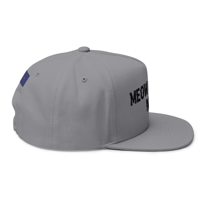 Flat Bill Cap — "Meow Means No." Embroidered Cat Attitude Snapback - FloofChonk