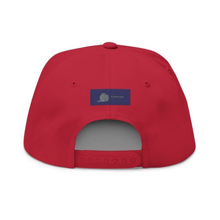 Flat Bill Cap — "Meow Means No." Embroidered Cat Attitude Snapback - FloofChonk