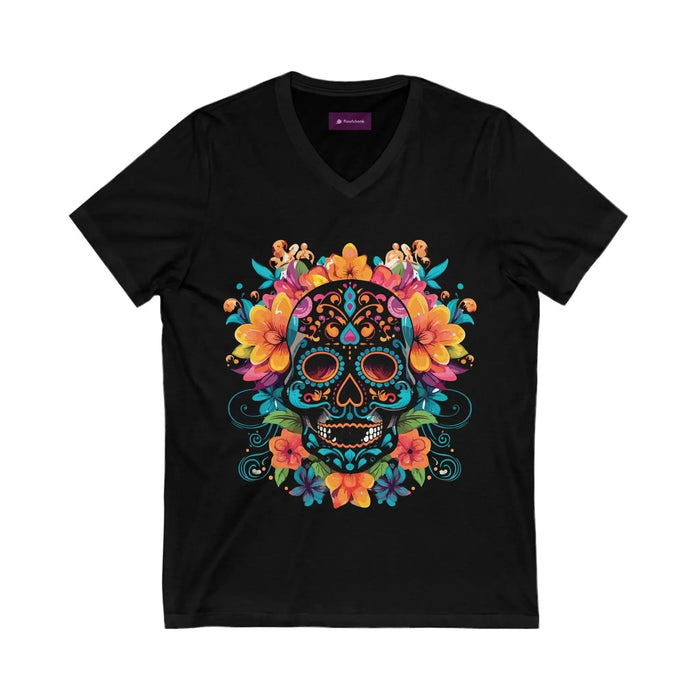 Floral Sugar Skull V-Neck Tee - Day of the Dead Shirt - FloofChonk
