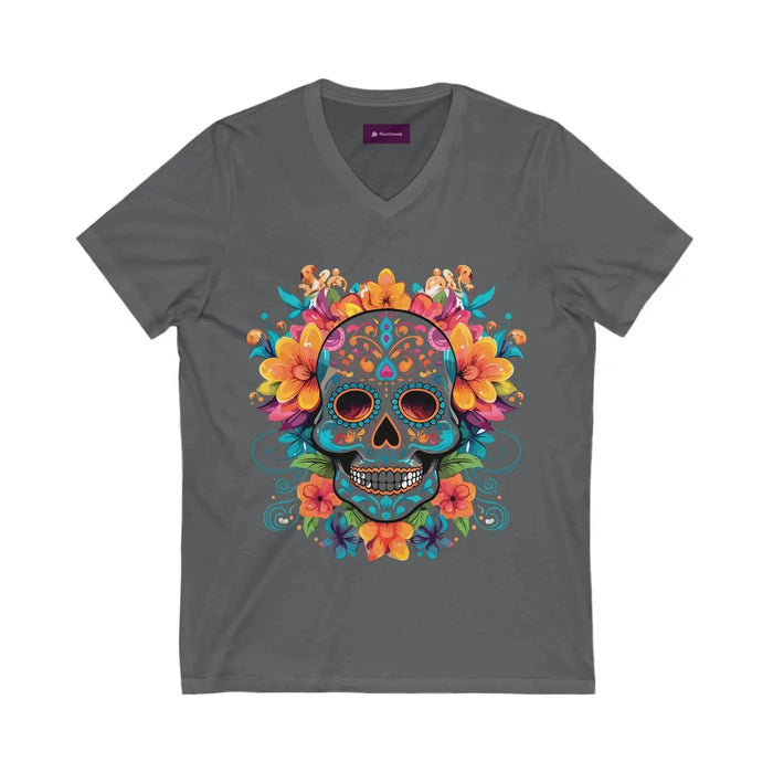 Floral Sugar Skull V-Neck Tee - Day of the Dead Shirt - FloofChonk