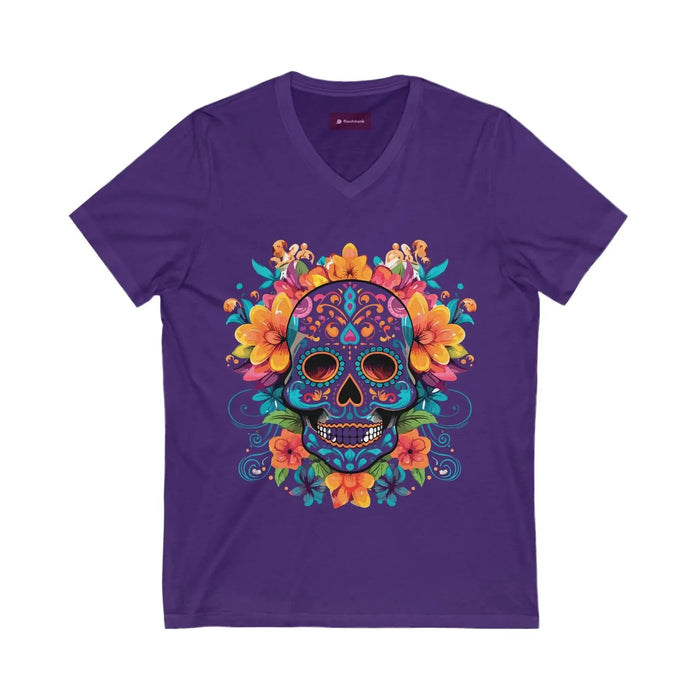 Floral Sugar Skull V-Neck Tee - Day of the Dead Shirt - FloofChonk
