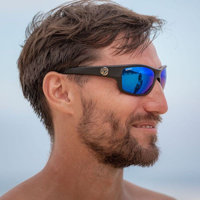 Fusion, Matte Black/Blue Mirror Glass Polarised Lenses