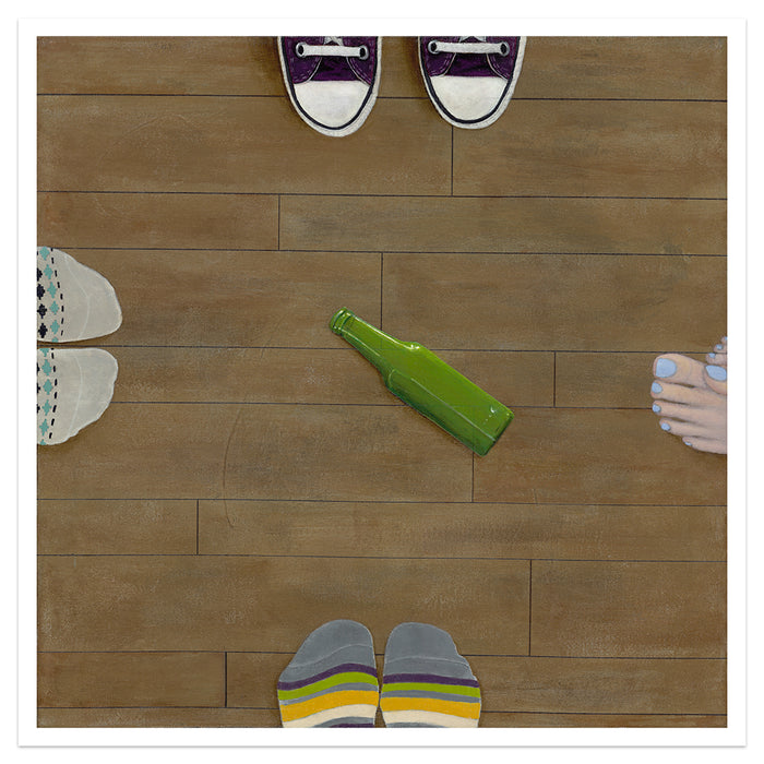 Four people stand in a circle on a wooden floor, with a green bottle lying on its side in the center—evoking a game of spin the bottle. Only their feet are visible, each in different footwear. This evocative scene is featured in Gabe Langholtz’s archival pigment print, "Spin," available as a signed and numbered limited edition from Gabe Langholtz.
