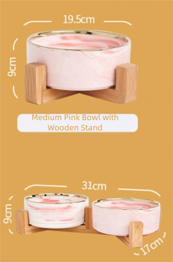Gamelle en céramique à motif marbré pour chat ou chien avec support en bois (gris et rose)