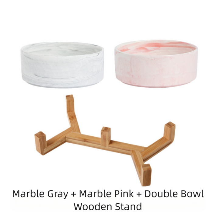 Gamelle en céramique à motif marbré pour chat ou chien avec support en bois (gris et rose)