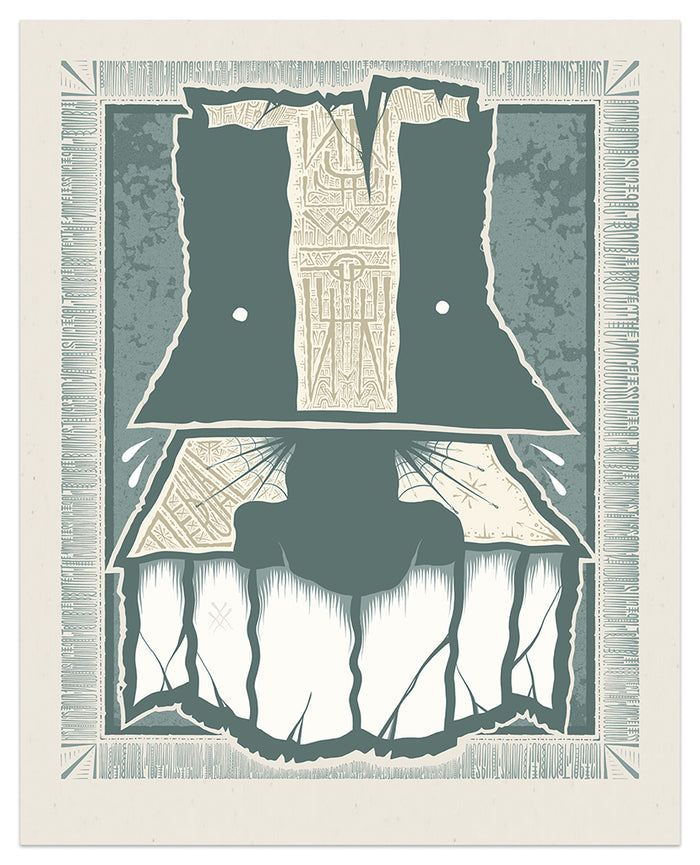 GATS - "Isolation" print features a stylized illustration of a hippo’s face in muted green and cream tones, incorporating geometric shapes, map-inspired patterns, and a decorative border with runic designs. This unique screen print by GATS is rendered on premium French paper and is available as a signed and numbered edition.