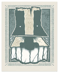 GATS - "Isolation" print features a stylized illustration of a hippo’s face in muted green and cream tones, incorporating geometric shapes, map-inspired patterns, and a decorative border with runic designs. This unique screen print by GATS is rendered on premium French paper and is available as a signed and numbered edition.