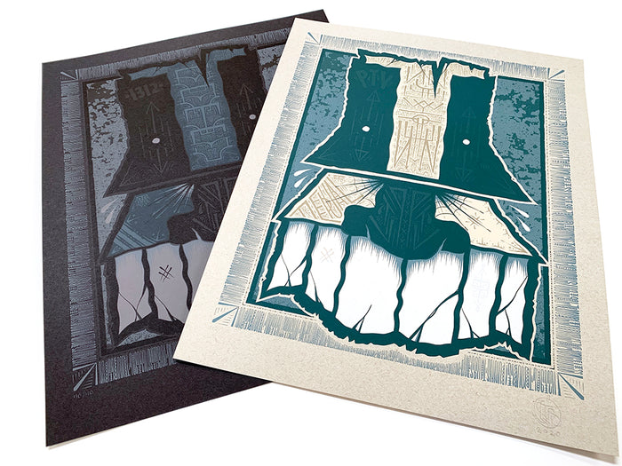 Two stylized screen prints of a Viking helmet with horns—one on dark French paper and one on light—overlap each other in GATS's "Isolation" print. Both feature white, teal, and black colors with rune-like symbols and jagged lines. This signed and numbered edition is by GATS.
