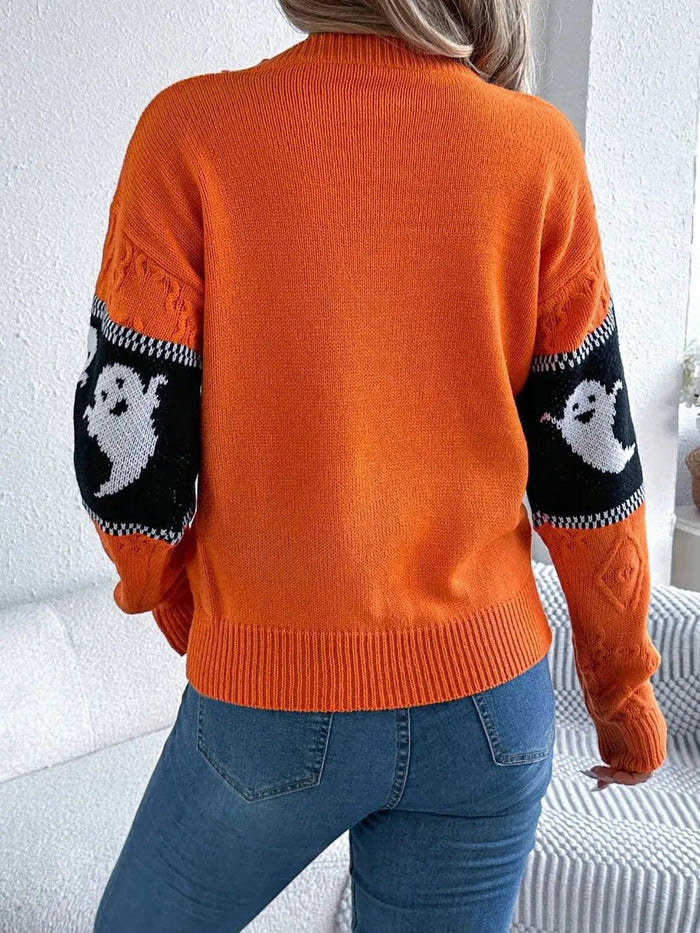 Ghost Round Neck Long Sleeve Sweater - FloofChonk