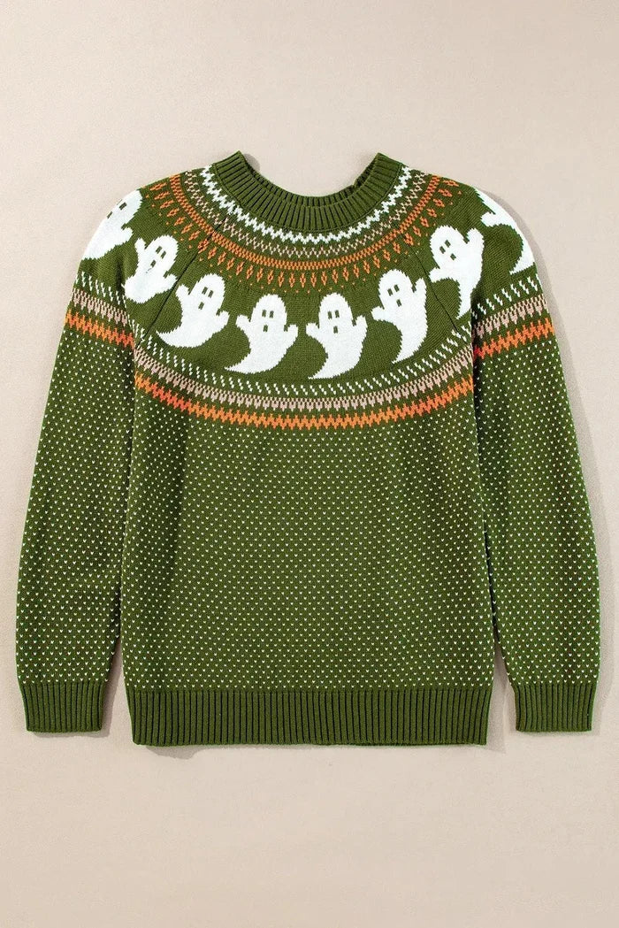 Ghost Round Neck Long Sleeve Sweater - FloofChonk