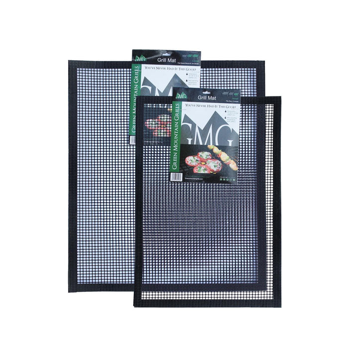 Two black grill mats with non-stick mesh surface and Green Mountain Grills packaging displayed