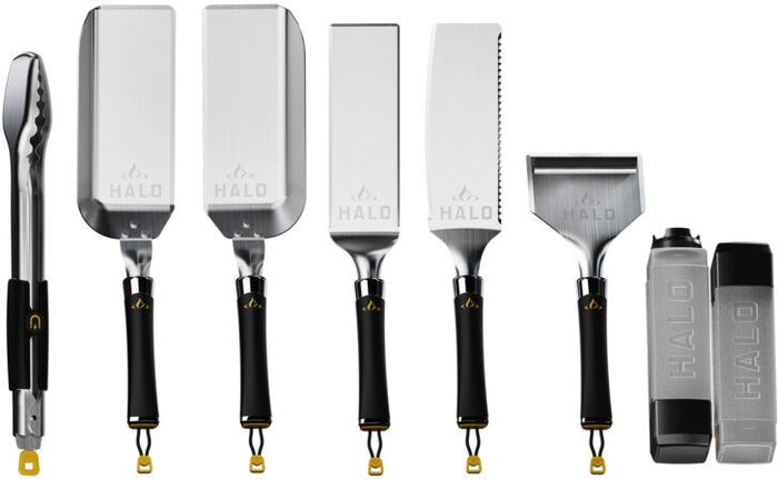 Halo stainless steel BBQ grill tool set with black handles and carrying case, includes spatulas, tongs, and brush