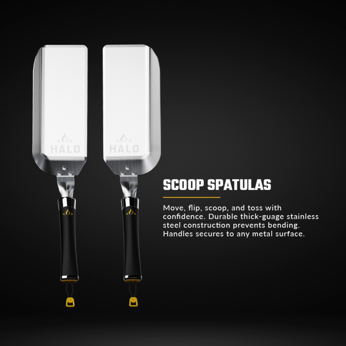Pair of HALO stainless steel scoop spatulas with black handles and magnetic attachment, thick-gauge construction