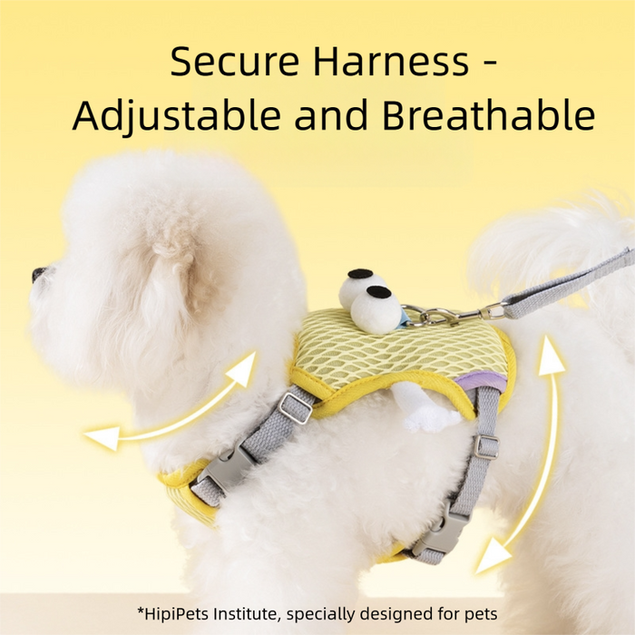 Harnais pour chien aux grands yeux mignons, anti-traction, ajustable et respirant, idéal pour les promenades.