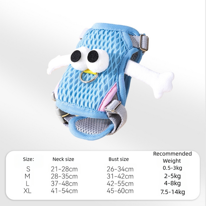 Harnais pour chien aux grands yeux mignons, anti-traction, ajustable et respirant, idéal pour les promenades.