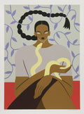 This limited edition Hilda Palafox print, Mujer y Serpiente, features a figure with long braided hair holding a pale yellow snake, seated on a red surface amid gray and purple vine-patterned wallpaper.