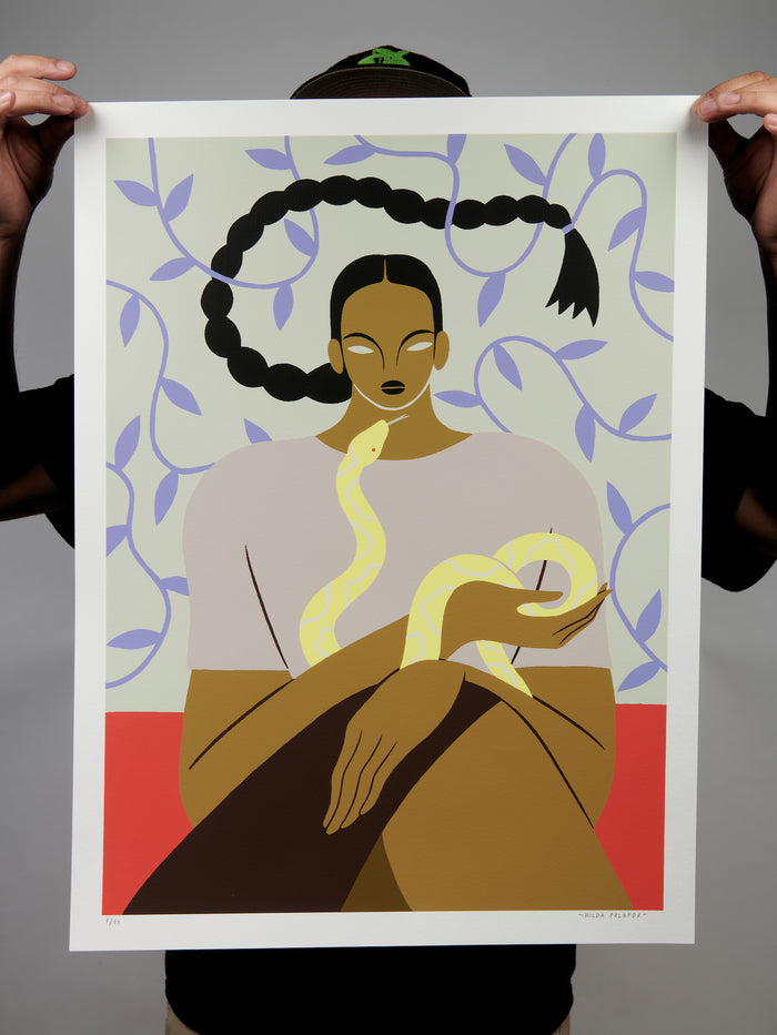 The Hilda Palafox limited edition Mujer y Serpiente print features a figure with long braided black hair holding a yellow snake. The color screen print includes light purple floral designs set on a pale green, vibrant red, and white background.