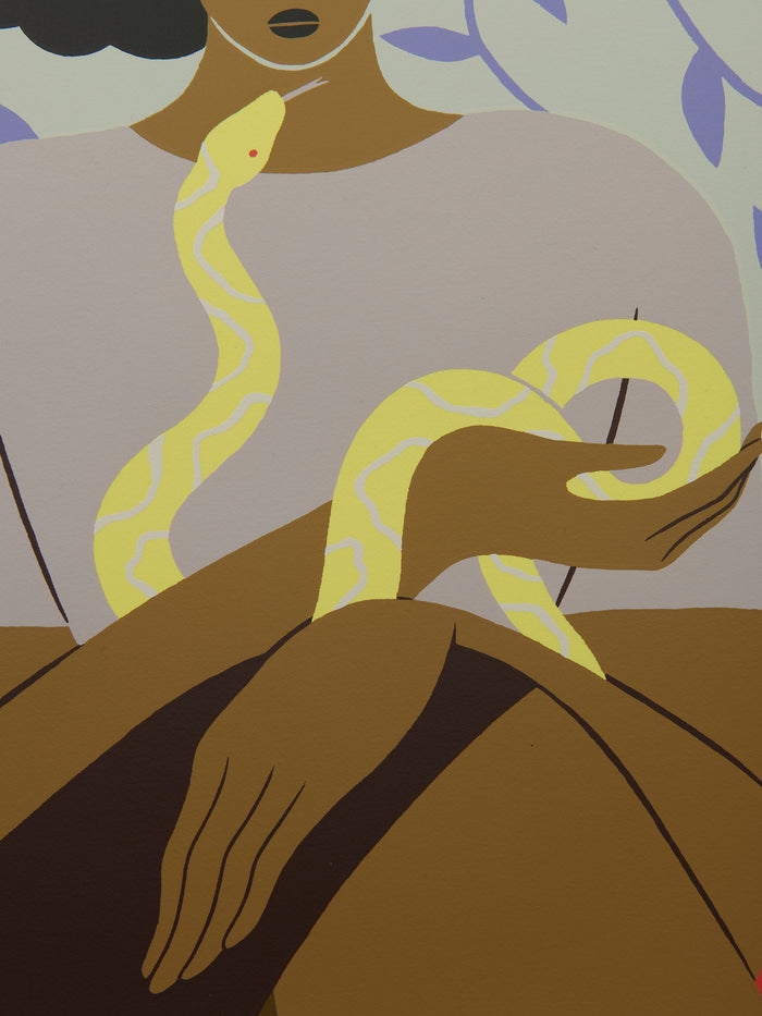 The Hilda Palafox - Mujer y Serpiente Print features a brown-skinned individual with a yellow snake with white patterns coiling around their arm. Wearing a light-colored shirt, they are set against a backdrop of abstract shapes in muted hues, making it a stunning limited edition piece.
