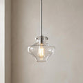 Chrome pendant light with a clear, shapely glass shade and glowing Edison bulb.