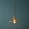 Industrial bronze pendant light with a wire mesh shade and lit Edison bulb against a dark teal wall.