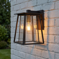 Modern black outdoor wall lantern with clear glass and a warm lit bulb on white brick.