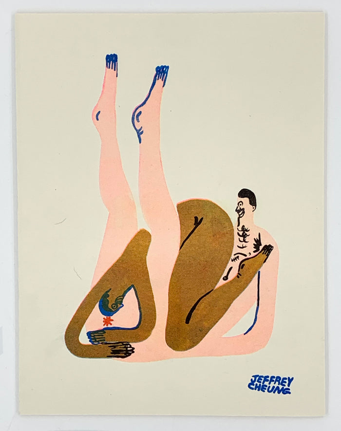 The Jeffrey Cheung - 2019 Catalog by Jeffrey Cheung showcases abstract artwork with intertwined human figures in pink and brown tones. These figures have exaggerated limbs and simplified features, conveying movement and connection on a plain background.