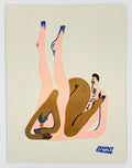 The Jeffrey Cheung - 2019 Catalog by Jeffrey Cheung showcases abstract artwork with intertwined human figures in pink and brown tones. These figures have exaggerated limbs and simplified features, conveying movement and connection on a plain background.
