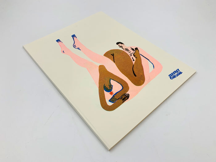 The book cover for Bum by Bartosz Zaskórski is an abstract, hand-printed design with intertwined, stylized forms in pink, brown, and blue on a white background, reminiscent of the figures found in the 2019 catalog by Jeffrey Cheung.